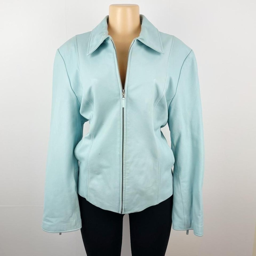 Vintage 90s Pastel Light Blue Leather‎ Blazer Jacket